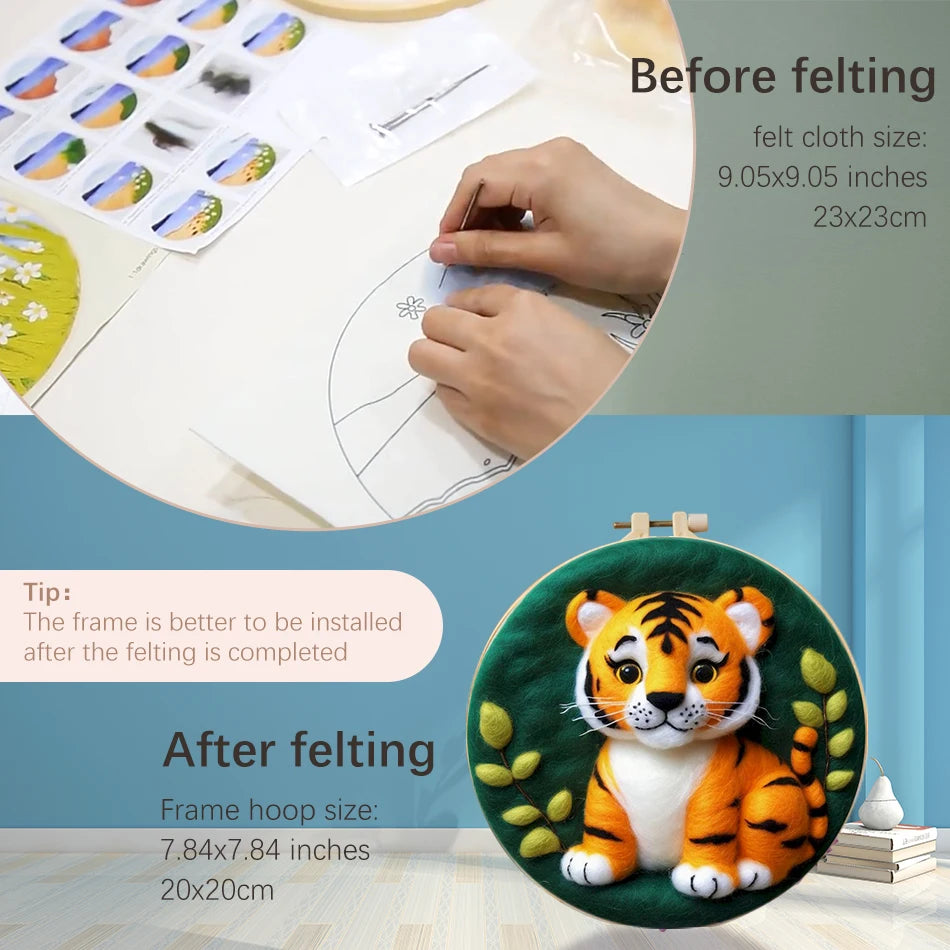 CHENISTORY Wool Felting Kit – Tiger & Wolf Needle Felting Painting Set with Frame for Beginners
